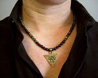 Pyramid Eye of Horus Pendant Necklace ,Eye of Ra Pendant, Mens Beaded Necklace ,Evil eye Pewter Pendant, Gemstone Necklace