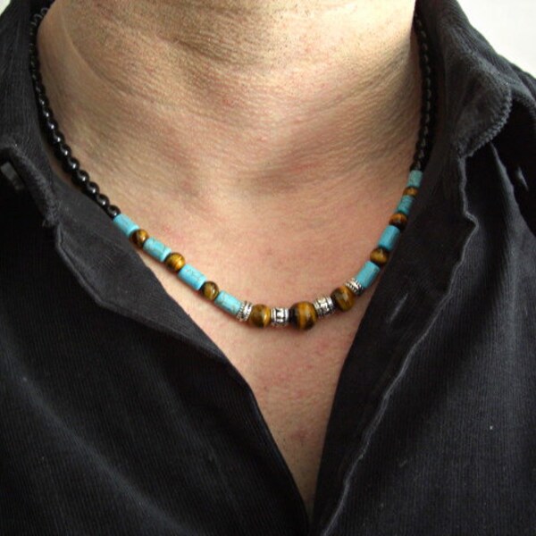 Black Onyx , Howlite Turquoise, Tiger Eye, Mens Beaded Necklace, Gemstone Necklace, Gift for him