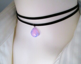 Lavender Chalcedony Choker Necklace, Faceted Teardrop Gemstone Pendant, Black Faux Suede Double Strand Necklace