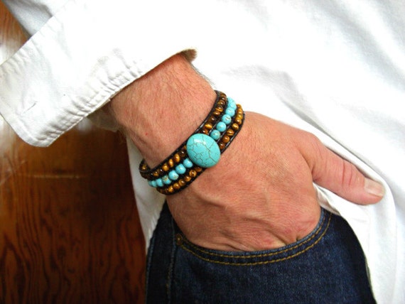 Mens leather and turquoise bracelet deals