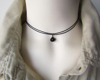 Black Onyx Drop Layered Cord Choker: Faceted Onion Shaped Gemstone Pendant, Fully Adjustable