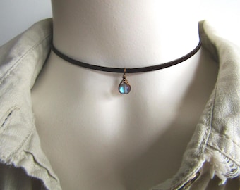 Dainty Aura Quartz Leather Choker: Wire Wrapped Crystal Pendant