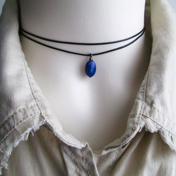 Lapis Lazuli  Choker Necklace, Black Cord Double Layered Necklace, Dainty Lapis Cord Necklace, Blue Gemstone Jewelry