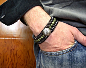 Antiqued Silver Concho, Russian Serpentine, Hematite 3 Rows Black Leather Beaded Cuff Men's Bracelet, Men's Jewelry, Men's Gift,Gift for him