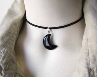 Black Crescent Moon Choker, Obsidian Gemstone Pendant, Celestial Faux Leather Necklace