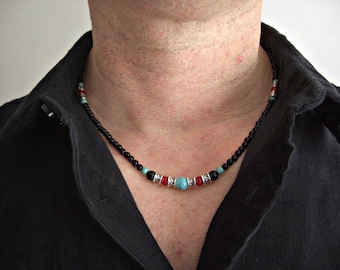 Mens Beaded  Necklace, Black Onyx, Howlite Turquoise, Red Jasper, Silver Accents, Gift for him