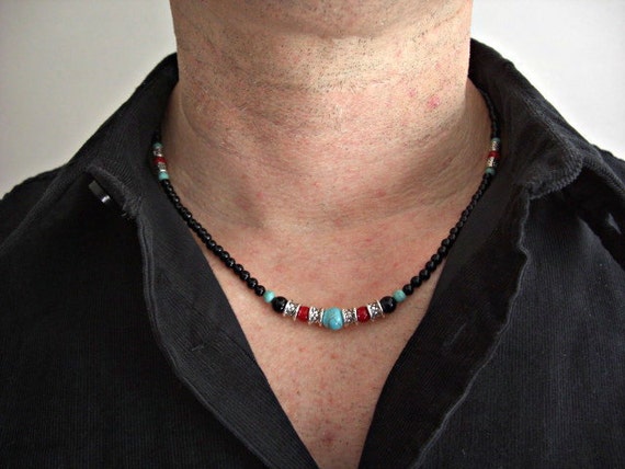 Mens Beaded Necklace Black Onyx Howlite Turquoise Red | Etsy