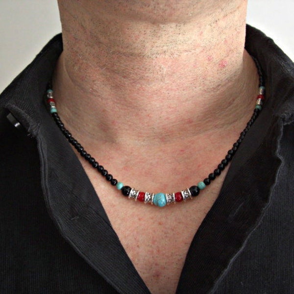 Mens Beaded  Necklace, Black Onyx, Howlite Turquoise, Red Jasper, Silver Accents, Gift for him