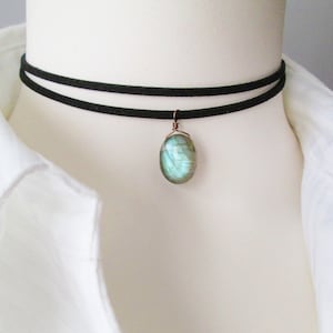 Labradorite Choker Necklace, Black Faux Suede Double Strand Necklace, Blue Flash Labradorite pendant