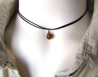 Dainty Tiger Eye Cord Choker Necklace, Wire Wrapped Golden Brown Gemstone Pendant, Fully Adjustable Single Black/ Brown Cord Necklace
