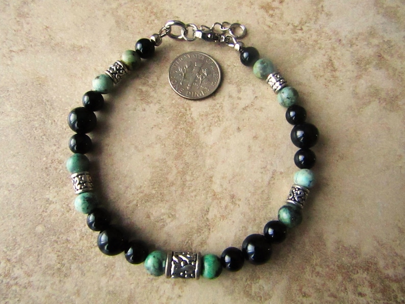 Black Onyx, African Turquoise, Silver Accents Men's Beaded Bracelet, Gemstone Bracelet, Adjustable Beaded Bracelet image 5