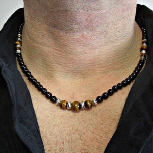 Black Onyx, Tiger Eye, Silver Accents, Mens Beaded Necklace, Gemstone ...