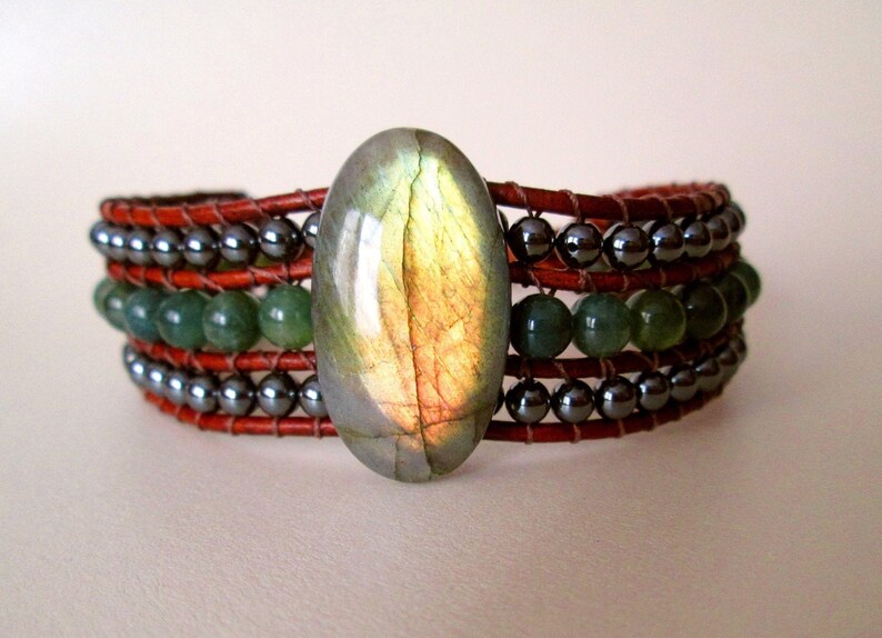 Moss AgateHematite bracelet Mens Brown Leather Beaded Gemstone Cuff Bracelet jewelry for men Labradorite jewelry