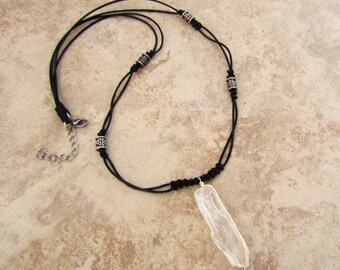 Wire Wrapped Crystal Quartz Point Pendant, Hand Braided Black Leather Necklace, Triquetra Pewter Beads Accents, Unisex Leather Necklace