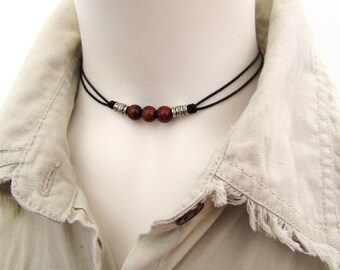 Red Tiger Eye Leather Necklace, Black Leather Double Strand Necklace, Black Cord Choker, Focal Gemstone Beaded Choker