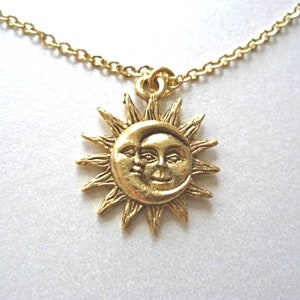 Gold Sun and Moon Pewter Charm Celestial Dainty Necklace, 24ct Gold plated charm - Love & Friendship, Soulmate, Gift for her