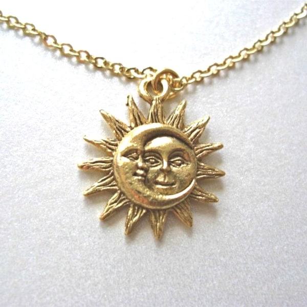 Gold Sun and Moon Pewter Charm Necklace: Celestial Jewelry Gift, Love & Friendship, Soulmate