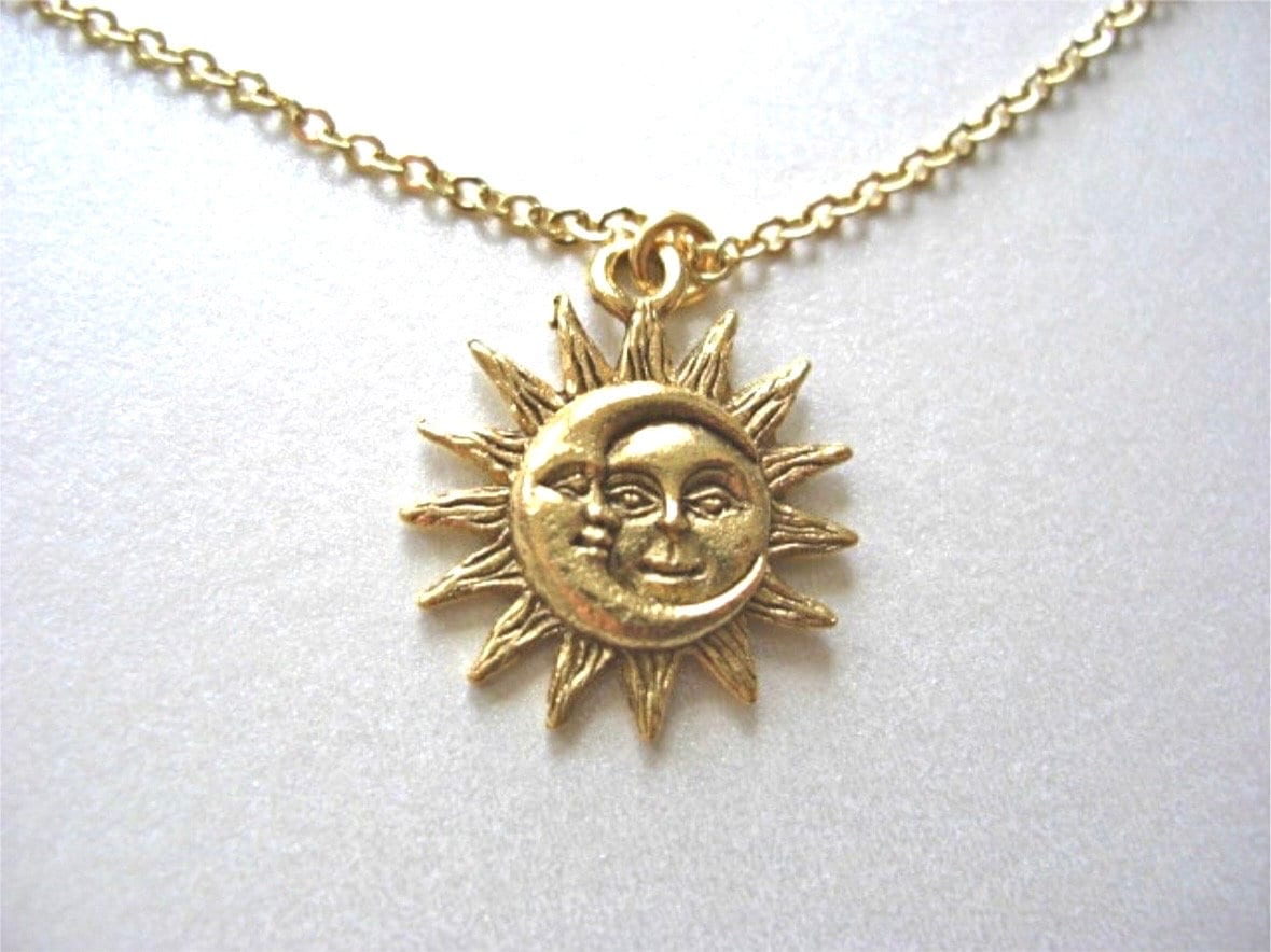 Gold Sun and Moon Pewter Charm Necklace: Celestial Jewelry Gift