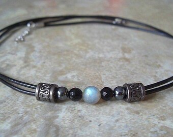 Labradorite Leather Necklace, Faceted Black Agate, Hematite, Silver Accents, Gift for him