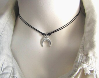 Silver Horn Layered Choker: Fully Adjustable Black Cord Necklace