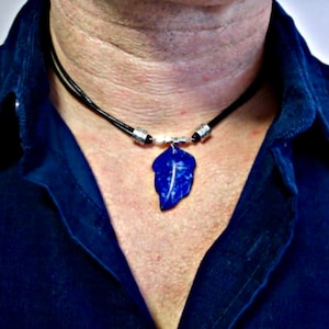 Lapis Lazuli Leaf Pendant, Black Leather Double Strand Necklace, Men's Leather Necklace, Silver Accents, Gift for him