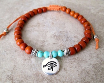 Eye of Horus Charm Bracelet: Wood & Turquoise Beaded Jewelry