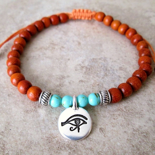 Eye of Horus Charm Bracelet, Wood Beaded Bracelet, Eye of Horus Bracelet