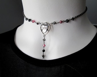 Goth Rosary Beaded Choker Necklace, Gunmetal Chain Necklace, Dark Fairy, Dark Romantic Necklace, Modern Gothic Fashion