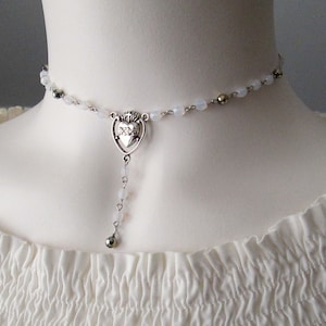 White Opal Glass Beaded Choker Necklace, Rosary Style Necklace, Rosary Crucifix Necklace, Sacred Heart Rosary Necklace