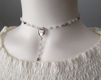 White Opal Glass Beaded Choker Necklace, Rosary Style Necklace, Rosary Crucifix Necklace, Sacred Heart Rosary Necklace