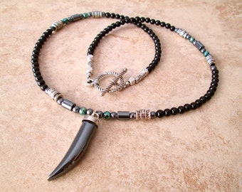 Hematite Horn Tusk Pendant Necklace, Claw Style Pendant, Mens Gemstone Beaded Necklace, Gift for him