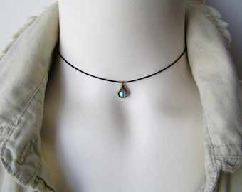 Aura Quartz Cord Choker: Wire Wrapped Teal Stone Pendant, Adjustable