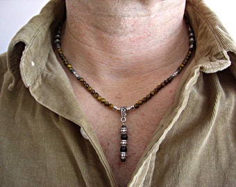 Mens Tiger Eye Beaded Necklace,Dangle Serpentine Onyx Bead Pendant, Mens Tiger Eye Jewelry, Black Onyx Serpentine Necklace, Gift for Men him