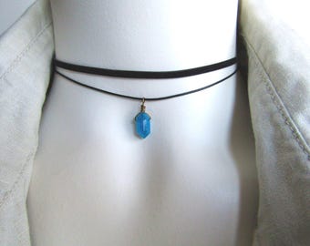 Dainty Blue Apatite Choker: Black Faux Suede Layered Cord Necklace, Gemstone Pendant