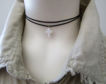 Natural Shell Cross Choker Necklace, White Mini Shell Pendant, Single Cross Necklace, Black Double Strand Cord Choker, Gift for her