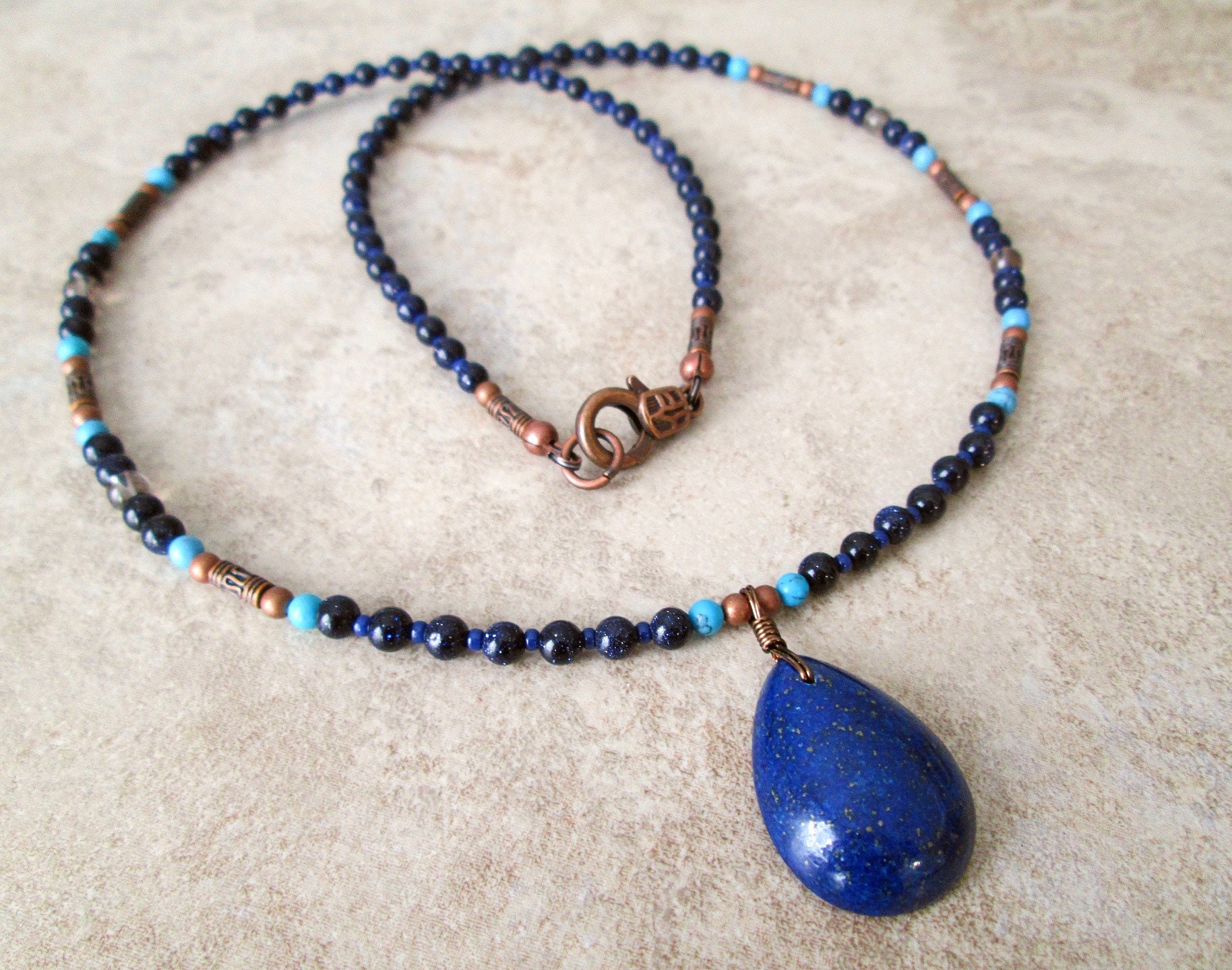 Lapis Lazuli Pendant Necklace Mens Beaded Necklace Blue Etsy Canada