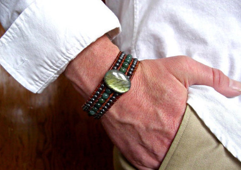 Moss AgateHematite bracelet Mens Brown Leather Beaded Gemstone Cuff Bracelet jewelry for men Labradorite jewelry