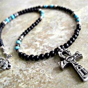 Eye of Ra Ankh Pewter Pendant Necklace: Black Onyx Beaded Gemstone Jewelry
