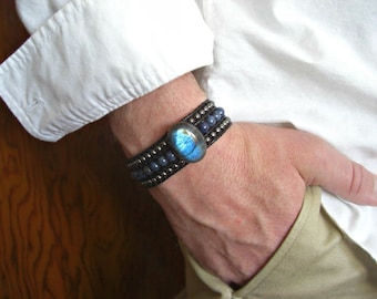 Mens Cuff Bracelet - Blue Labradorite, Dumortierite, Hematite