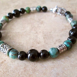 Black Onyx, African Turquoise, Silver Accents Mens Beaded Bracelet ...