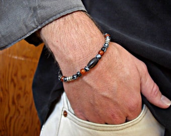 Men's Beaded Bracelet, Snowflake Obsidian, Buffalo Horn Beads, Adjustable Bracelet, Men's Gemstone Bracelet, Gift for him