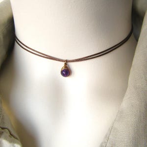 Dainty Amethyst Cord Choker Necklace, Wire Wrapped Purple Gemstone Pendant, Fully Adjustable Black/ Brown Cord Necklace
