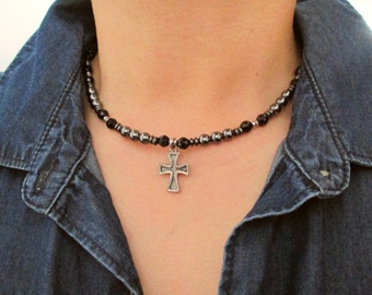 Cross Beaded Choker Necklace, Cross Pendant, Black Onyx, Hematite, Double Strand Leather Necklace, Grunge Style