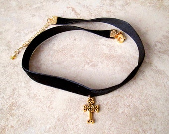 Gold Celtic Cross Choker, 22ct gold plated charm, Black Velvet Choker, Gift for her