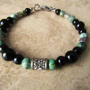 Black Onyx, African Turquoise, Silver Accents Men's Beaded Bracelet, Gemstone Bracelet, Adjustable Beaded Bracelet image 2