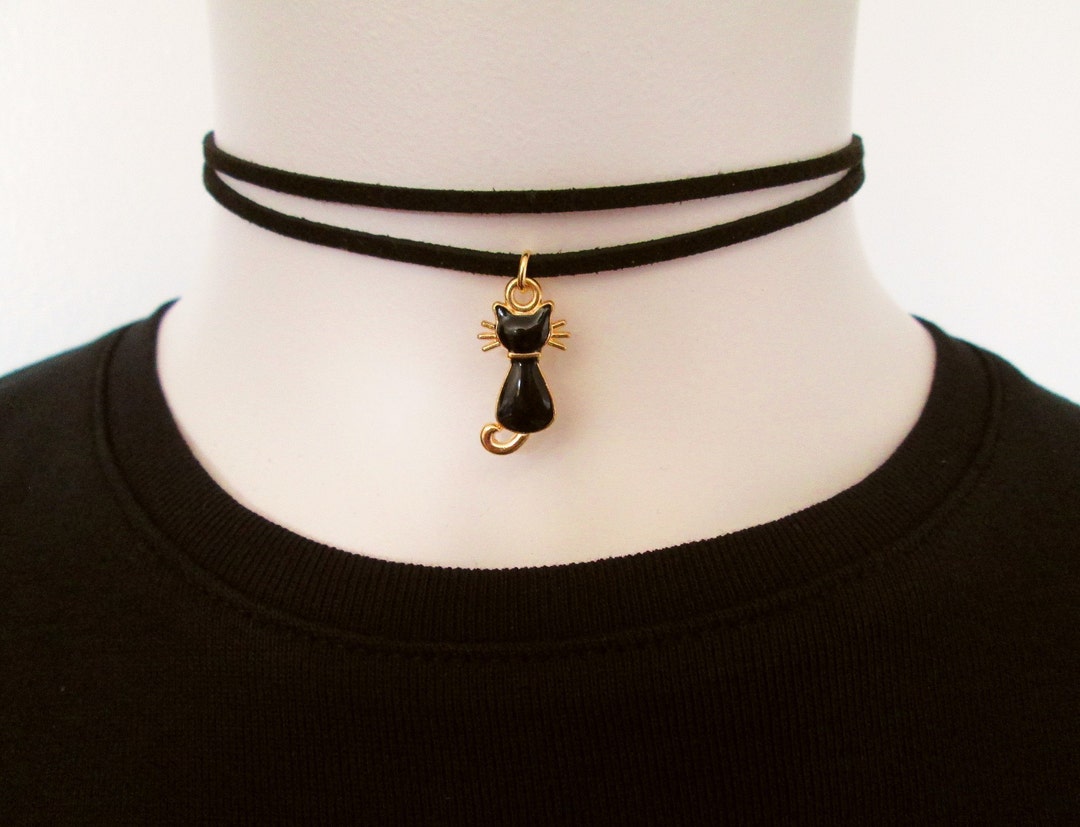 Black Cat Choker Black Faux Suede Double Strand Choker Etsy