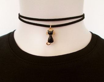 Black Cat Choker, Black Faux Suede Double Strand Choker