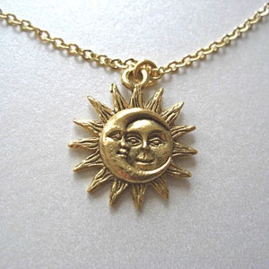 Gold Sun and Moon Pewter Charm Celestial Dainty Necklace, 24ct gold plated charm - Love & Friendship, Soulmate, Gift for her