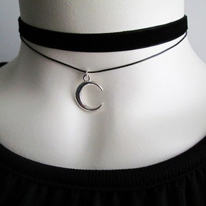 Silver Crescent Moon Layered Choker, Black Velvet Choker, Black Cord Choker, Double Strand Choker, Gift for her