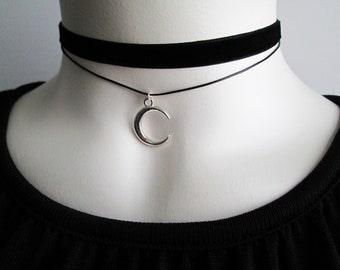 Silver Crescent Moon Layered Choker, Black Velvet Choker, Black Cord Choker, Double Strand Choker, Gift for her